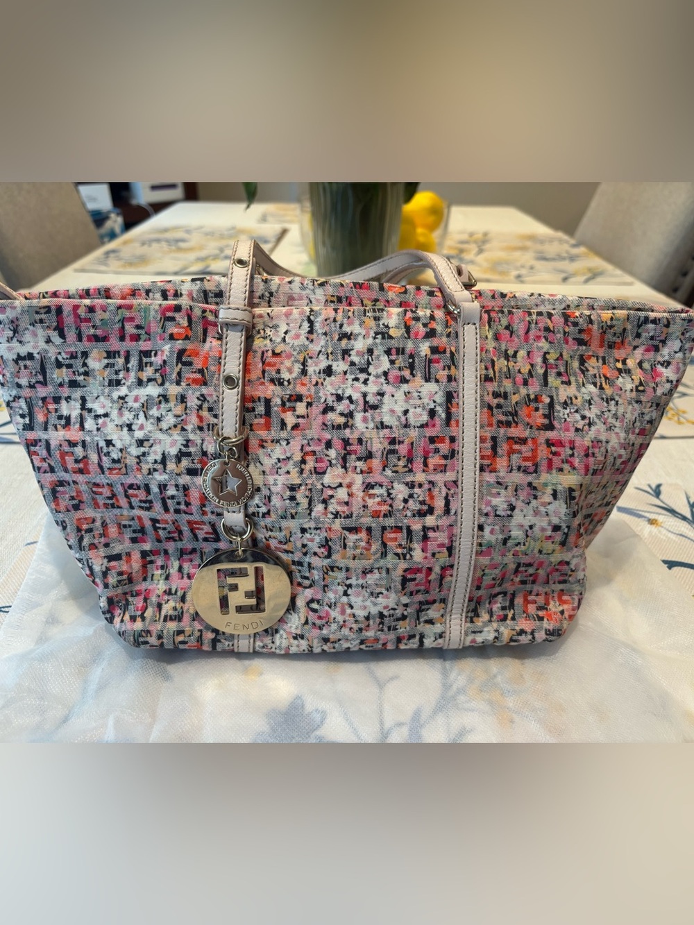 Fendi Multicolor Tweed Tote with Pink and Coral Accents